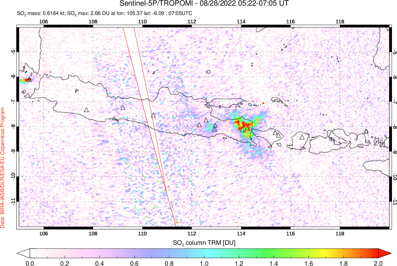 A sulfur dioxide image over Java, Indonesia on Aug 28, 2022.