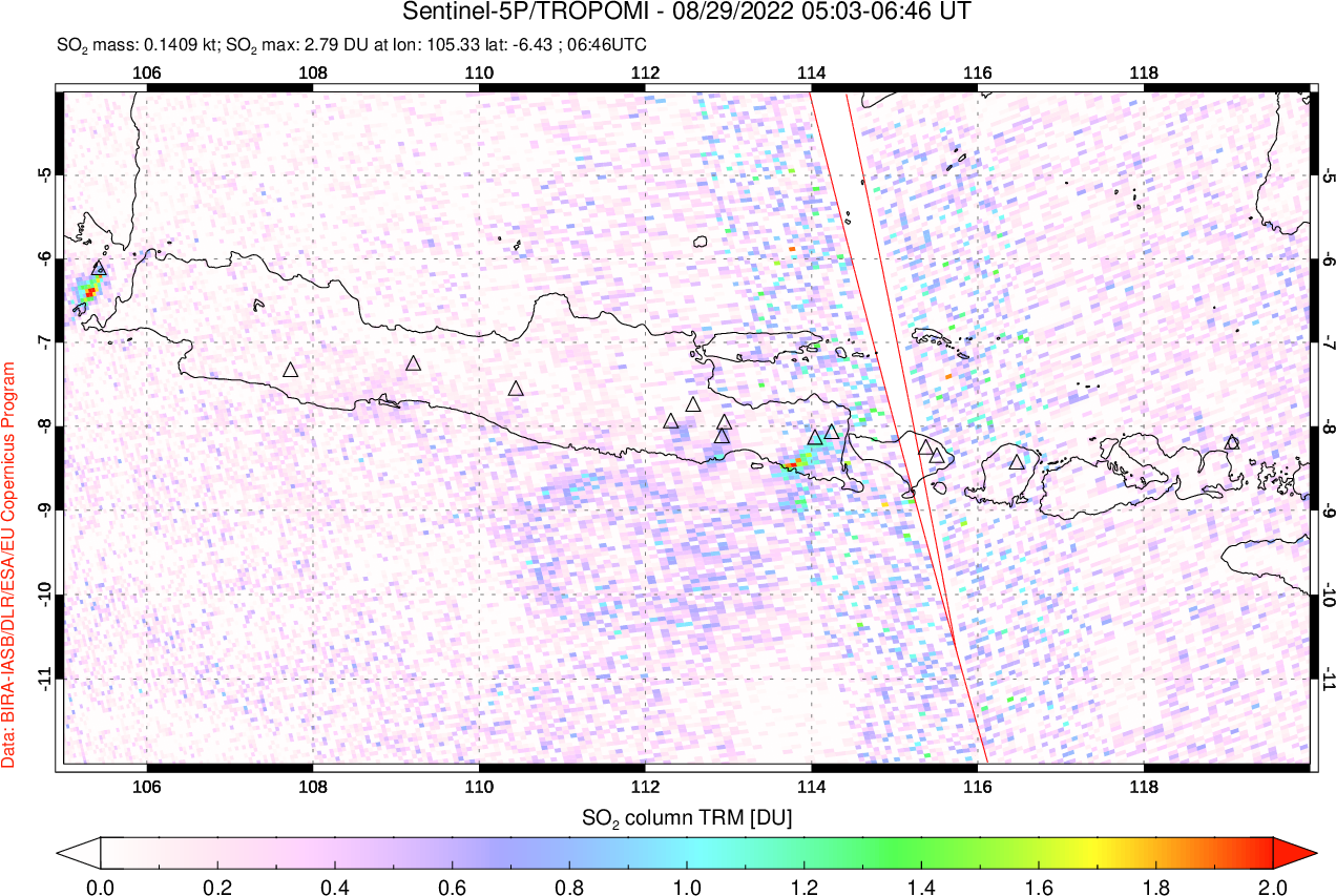 A sulfur dioxide image over Java, Indonesia on Aug 29, 2022.