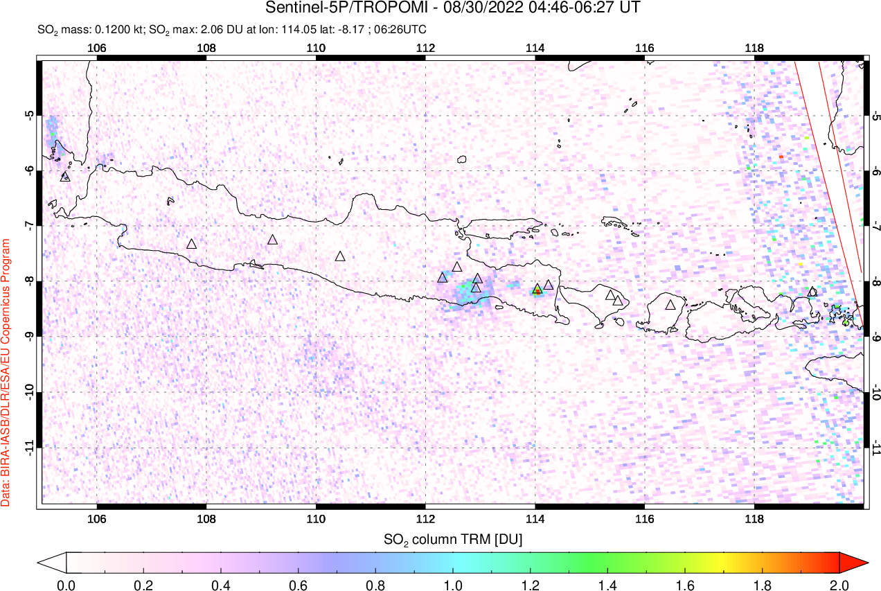 A sulfur dioxide image over Java, Indonesia on Aug 30, 2022.