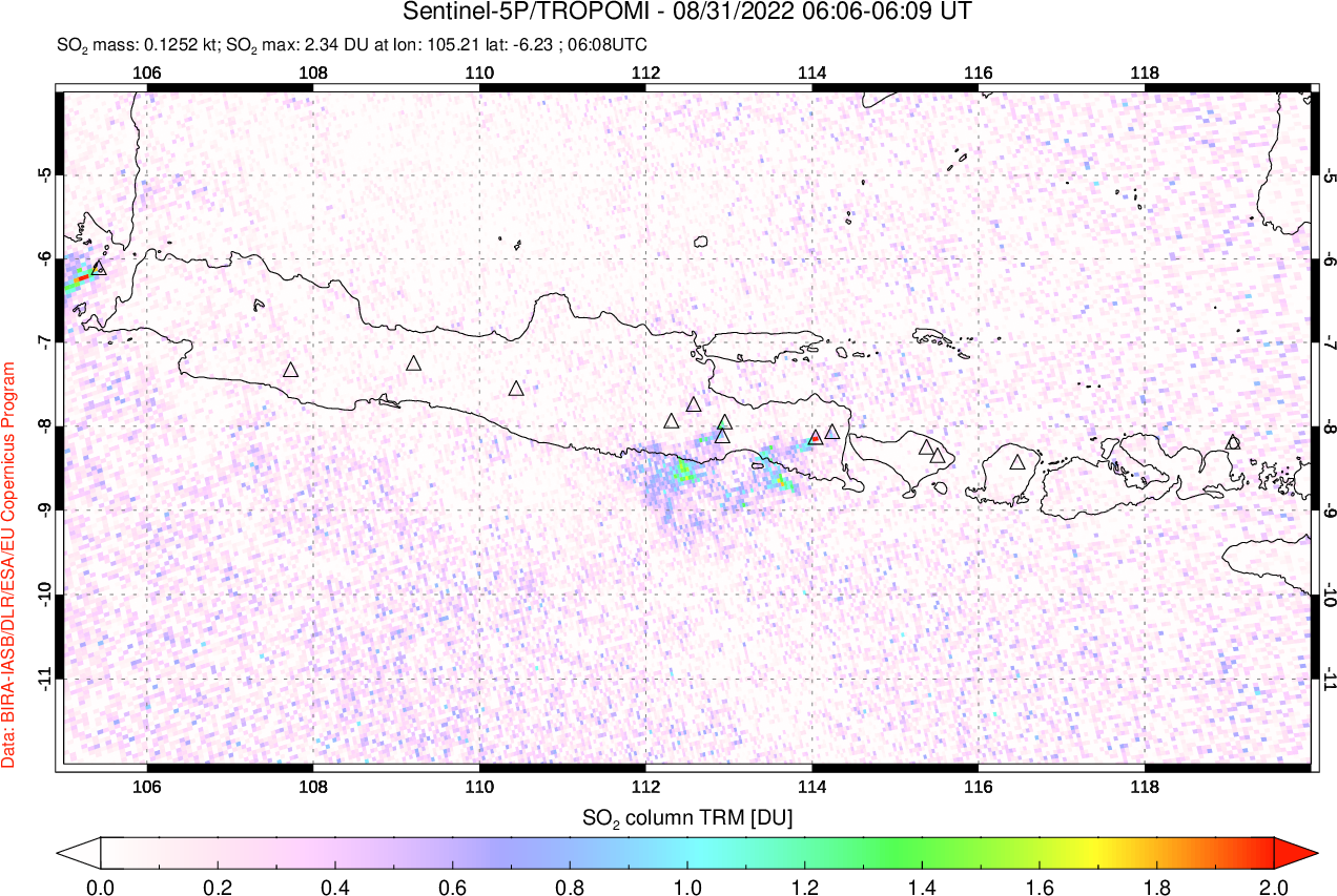 A sulfur dioxide image over Java, Indonesia on Aug 31, 2022.
