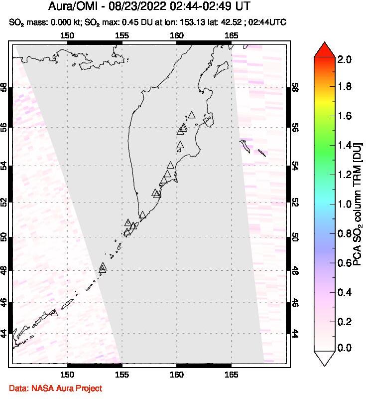 A sulfur dioxide image over Kamchatka, Russian Federation on Aug 23, 2022.