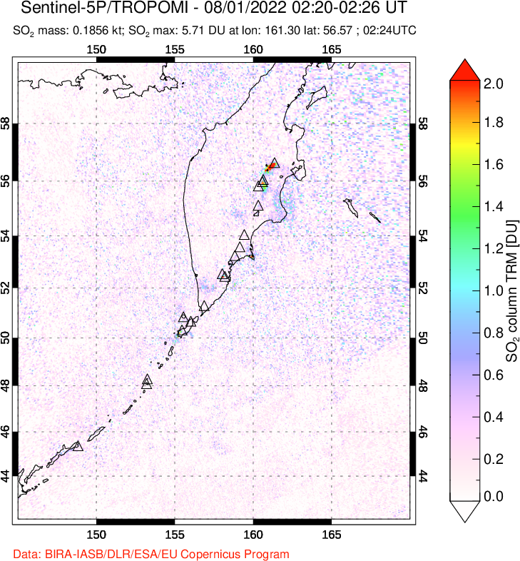 A sulfur dioxide image over Kamchatka, Russian Federation on Aug 01, 2022.