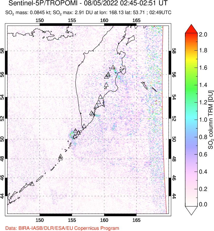 A sulfur dioxide image over Kamchatka, Russian Federation on Aug 05, 2022.