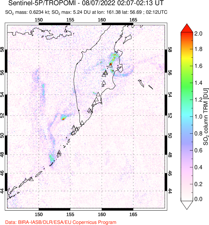 A sulfur dioxide image over Kamchatka, Russian Federation on Aug 07, 2022.