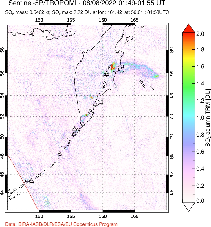 A sulfur dioxide image over Kamchatka, Russian Federation on Aug 08, 2022.