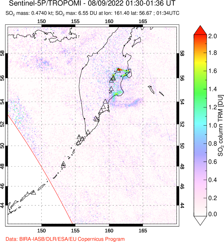 A sulfur dioxide image over Kamchatka, Russian Federation on Aug 09, 2022.
