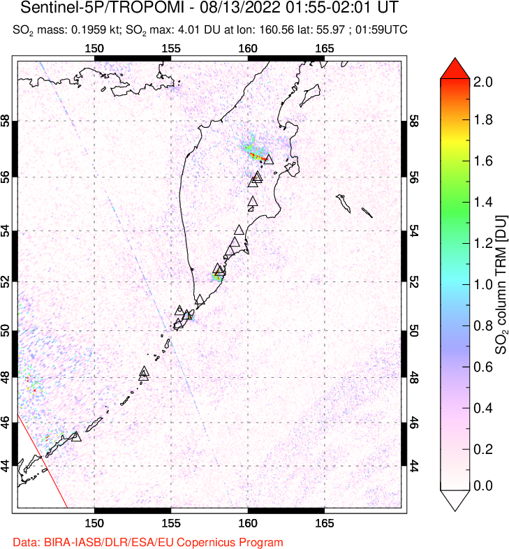 A sulfur dioxide image over Kamchatka, Russian Federation on Aug 13, 2022.