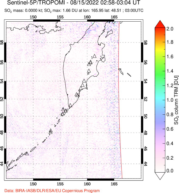 A sulfur dioxide image over Kamchatka, Russian Federation on Aug 15, 2022.