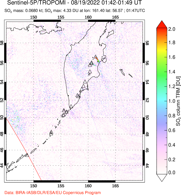 A sulfur dioxide image over Kamchatka, Russian Federation on Aug 19, 2022.