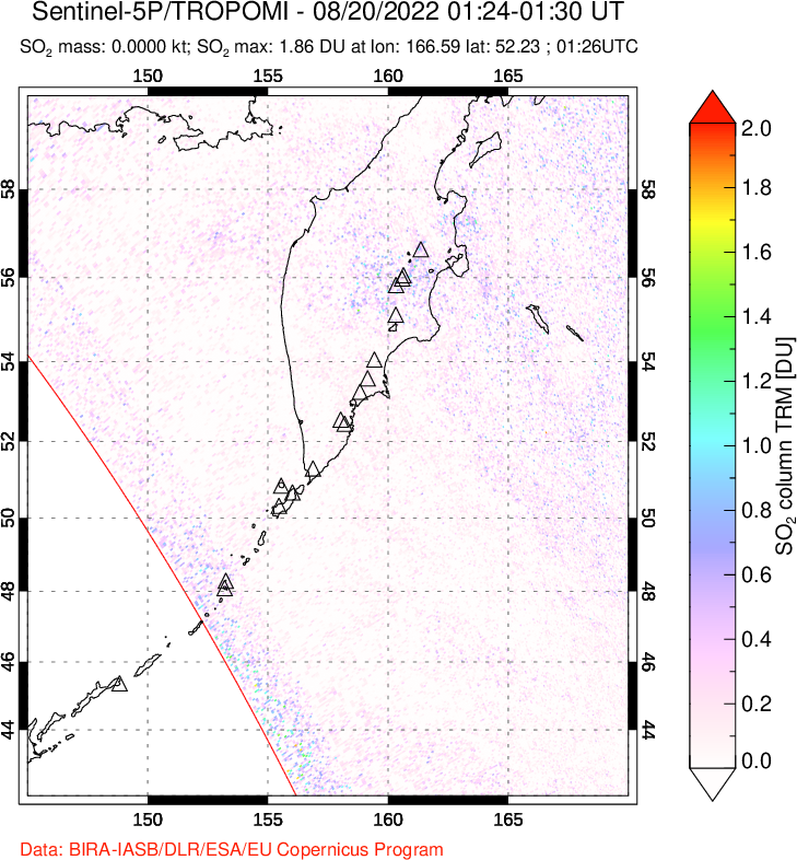 A sulfur dioxide image over Kamchatka, Russian Federation on Aug 20, 2022.