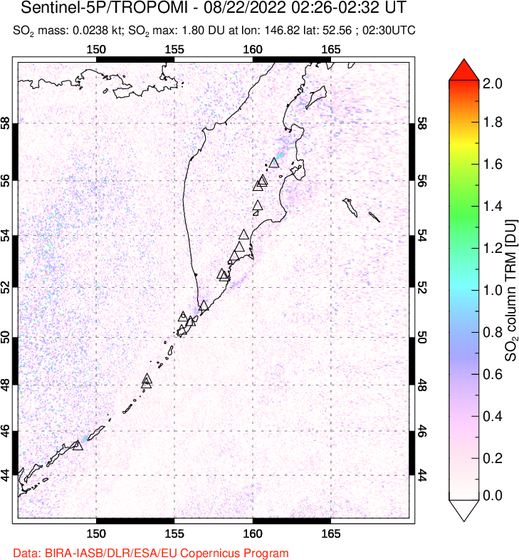 A sulfur dioxide image over Kamchatka, Russian Federation on Aug 22, 2022.