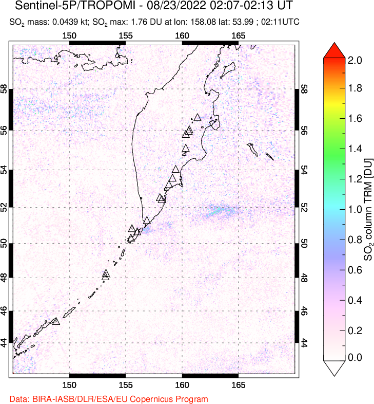 A sulfur dioxide image over Kamchatka, Russian Federation on Aug 23, 2022.
