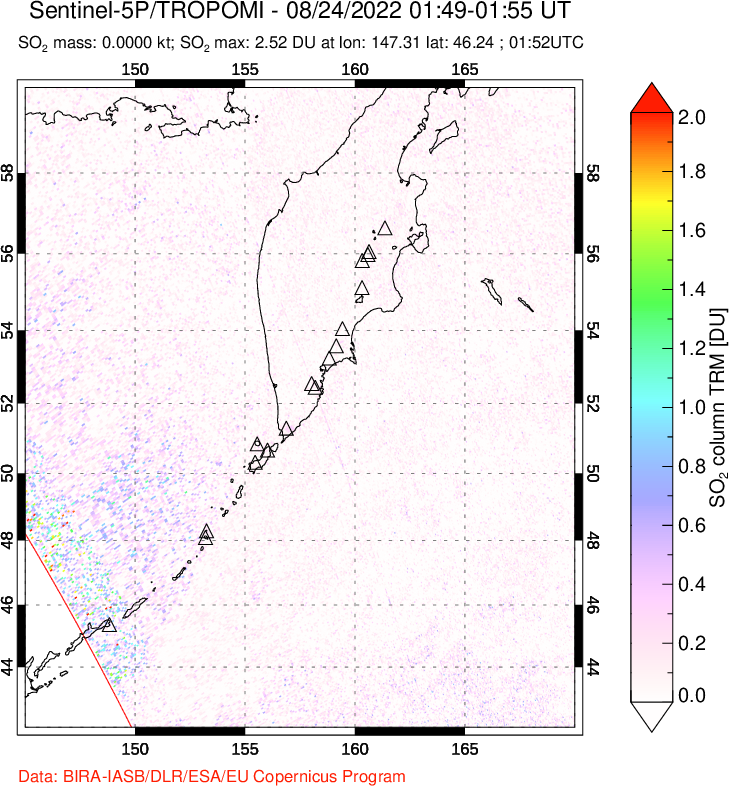 A sulfur dioxide image over Kamchatka, Russian Federation on Aug 24, 2022.