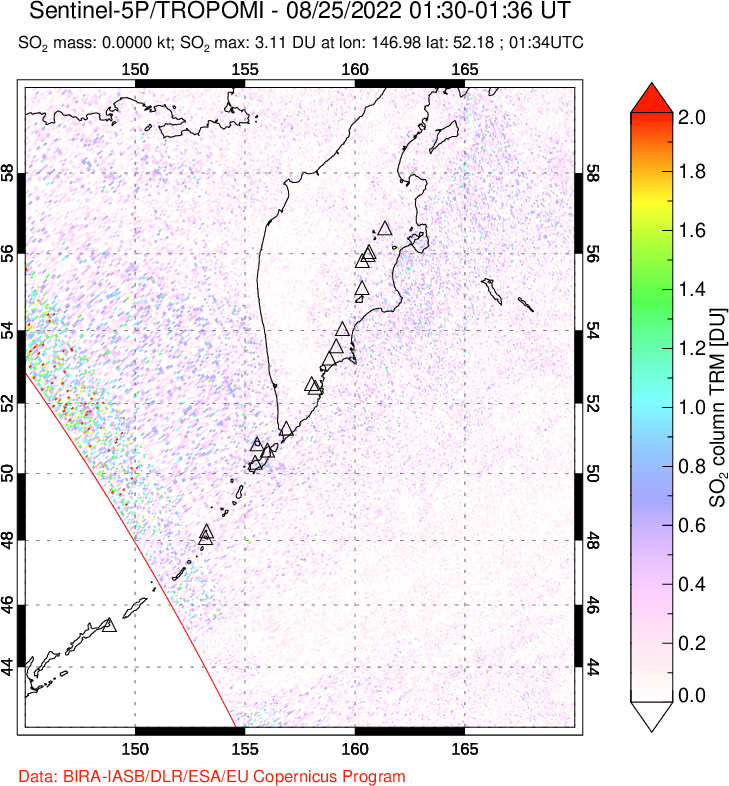 A sulfur dioxide image over Kamchatka, Russian Federation on Aug 25, 2022.