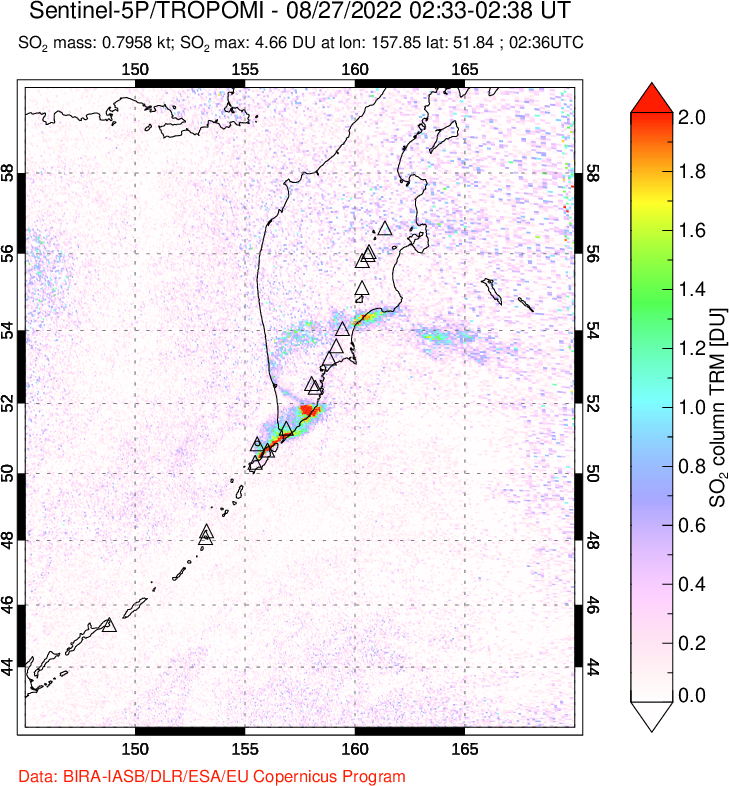 A sulfur dioxide image over Kamchatka, Russian Federation on Aug 27, 2022.