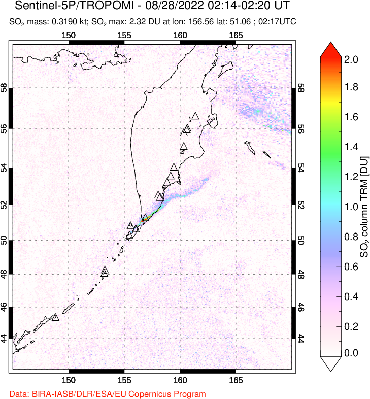 A sulfur dioxide image over Kamchatka, Russian Federation on Aug 28, 2022.
