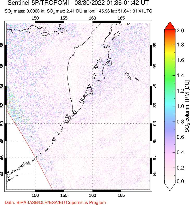 A sulfur dioxide image over Kamchatka, Russian Federation on Aug 30, 2022.