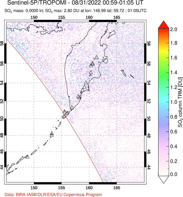 A sulfur dioxide image over Kamchatka, Russian Federation on Aug 31, 2022.