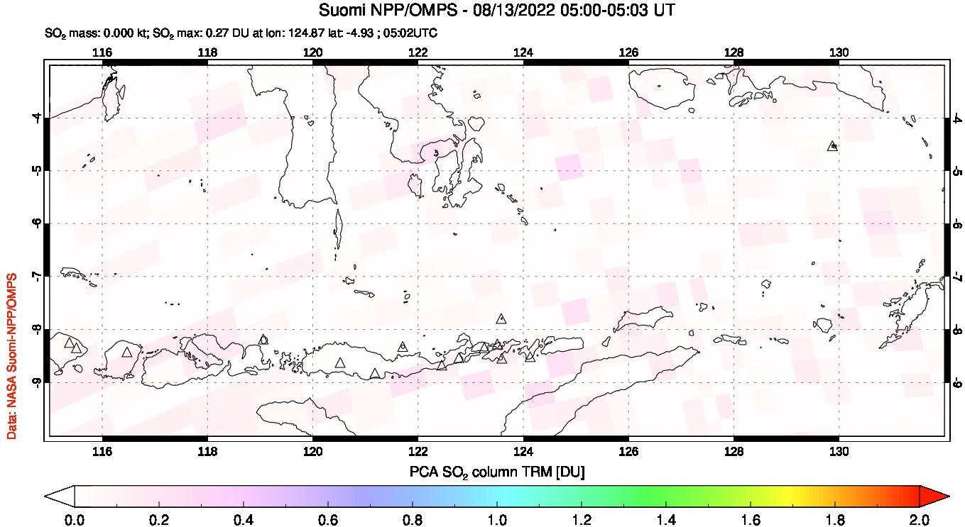 A sulfur dioxide image over Lesser Sunda Islands, Indonesia on Aug 13, 2022.