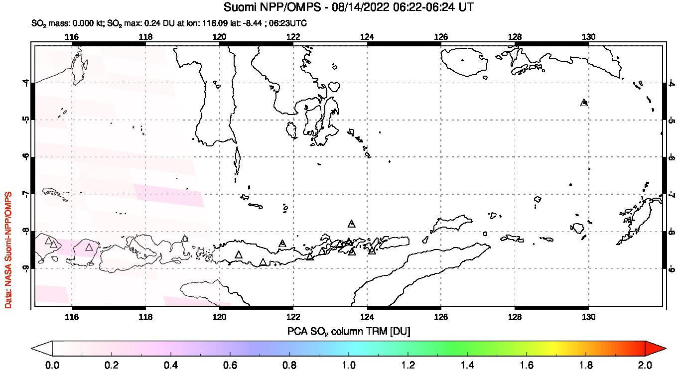 A sulfur dioxide image over Lesser Sunda Islands, Indonesia on Aug 14, 2022.
