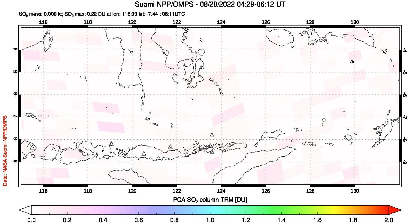A sulfur dioxide image over Lesser Sunda Islands, Indonesia on Aug 20, 2022.