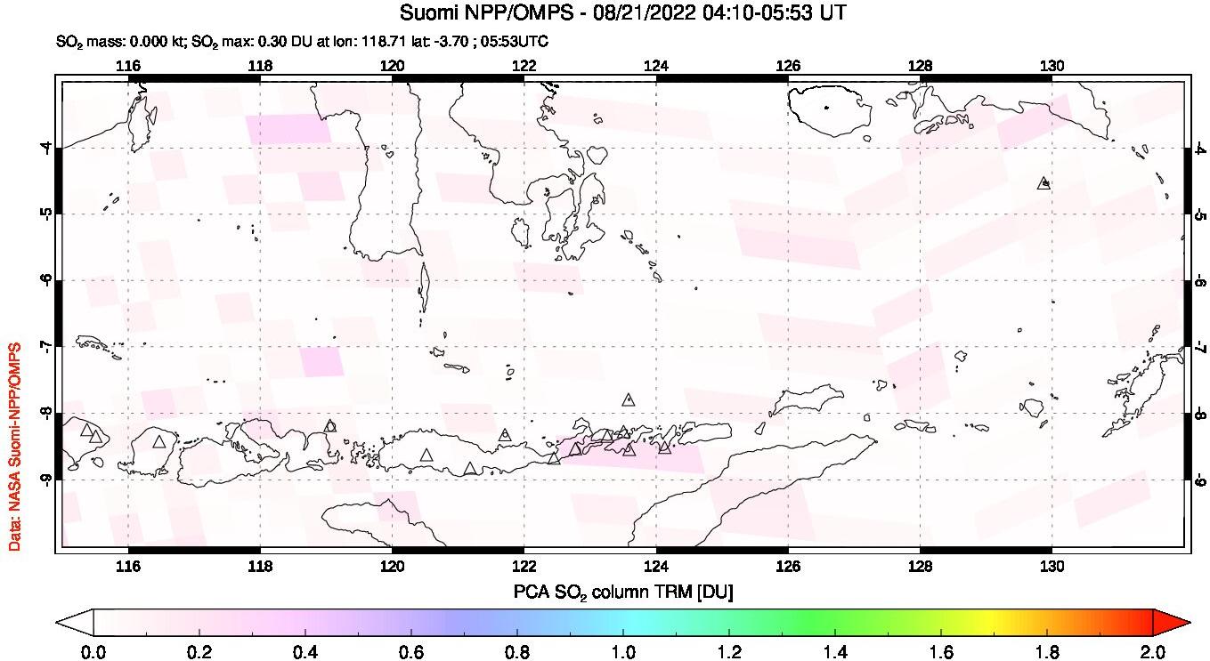 A sulfur dioxide image over Lesser Sunda Islands, Indonesia on Aug 21, 2022.
