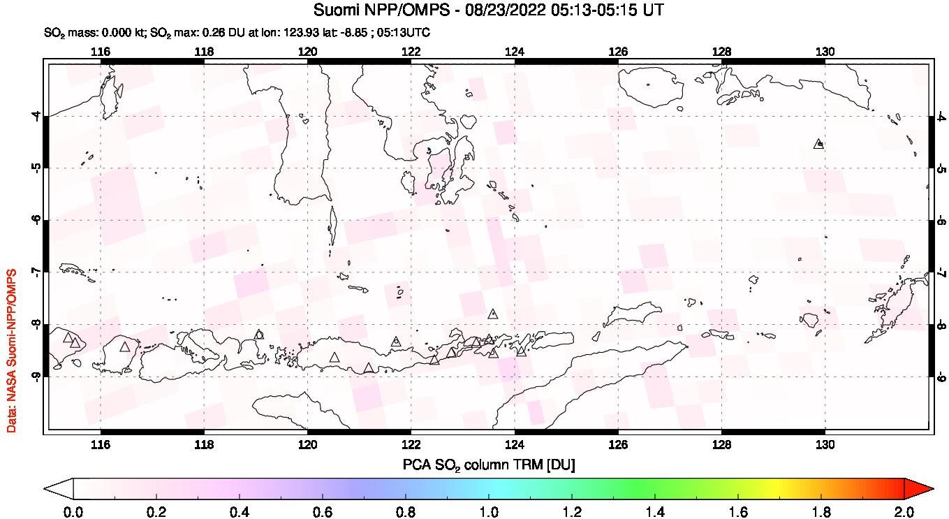 A sulfur dioxide image over Lesser Sunda Islands, Indonesia on Aug 23, 2022.