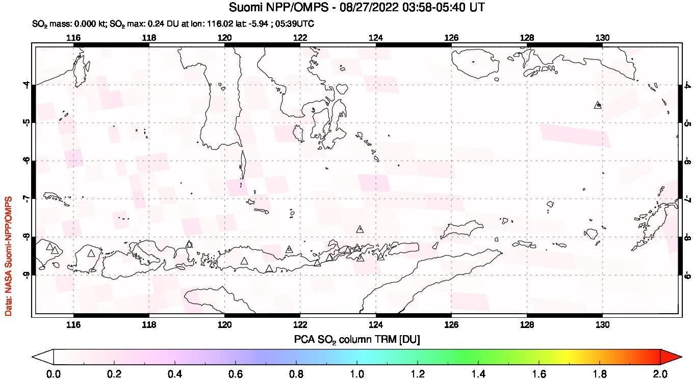 A sulfur dioxide image over Lesser Sunda Islands, Indonesia on Aug 27, 2022.