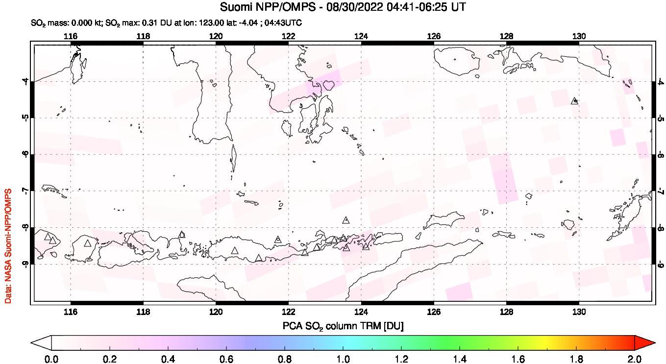 A sulfur dioxide image over Lesser Sunda Islands, Indonesia on Aug 30, 2022.