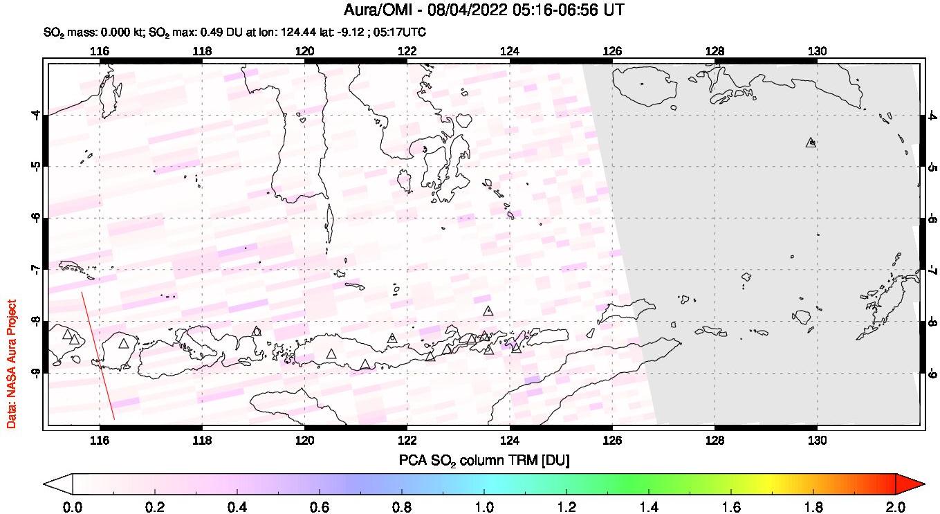 A sulfur dioxide image over Lesser Sunda Islands, Indonesia on Aug 04, 2022.