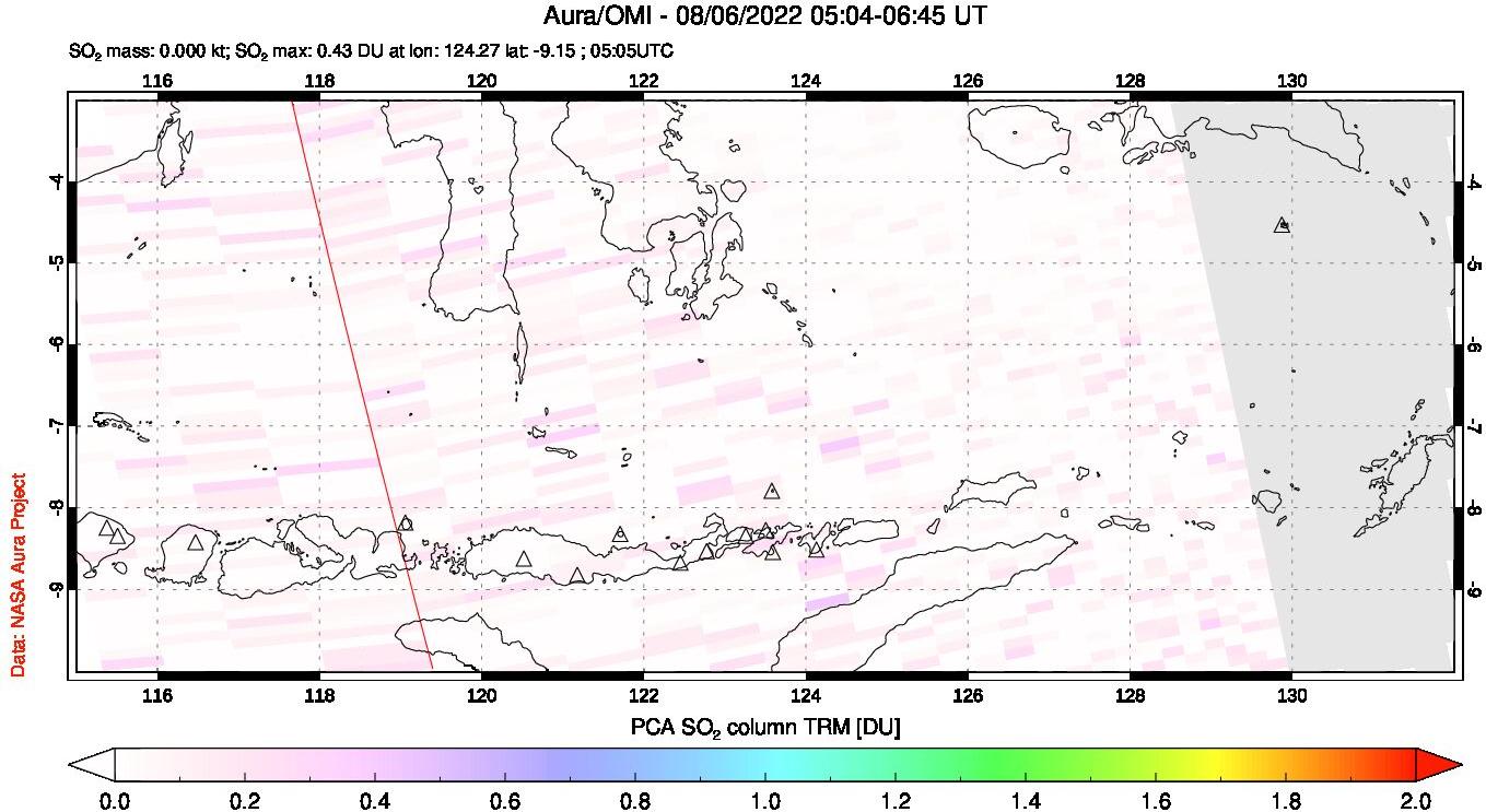 A sulfur dioxide image over Lesser Sunda Islands, Indonesia on Aug 06, 2022.