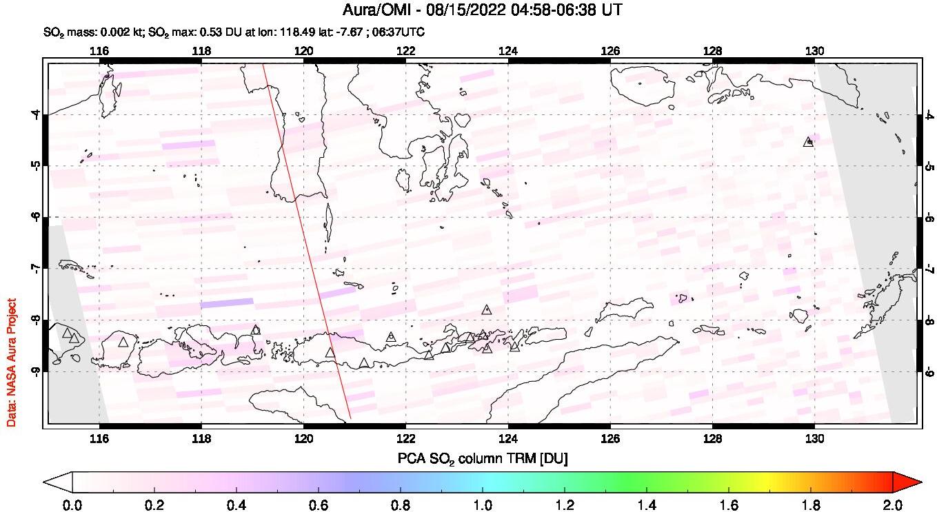 A sulfur dioxide image over Lesser Sunda Islands, Indonesia on Aug 15, 2022.