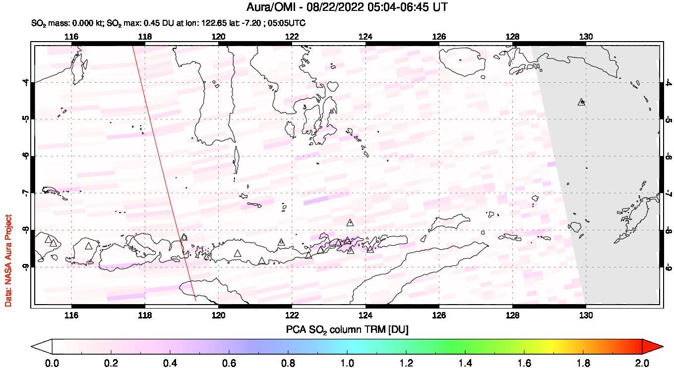 A sulfur dioxide image over Lesser Sunda Islands, Indonesia on Aug 22, 2022.