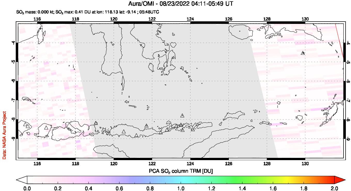 A sulfur dioxide image over Lesser Sunda Islands, Indonesia on Aug 23, 2022.