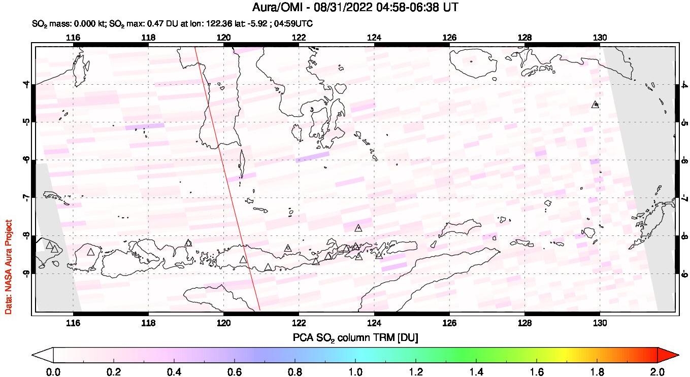 A sulfur dioxide image over Lesser Sunda Islands, Indonesia on Aug 31, 2022.