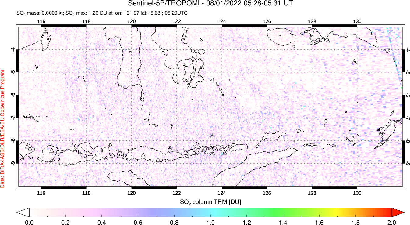 A sulfur dioxide image over Lesser Sunda Islands, Indonesia on Aug 01, 2022.