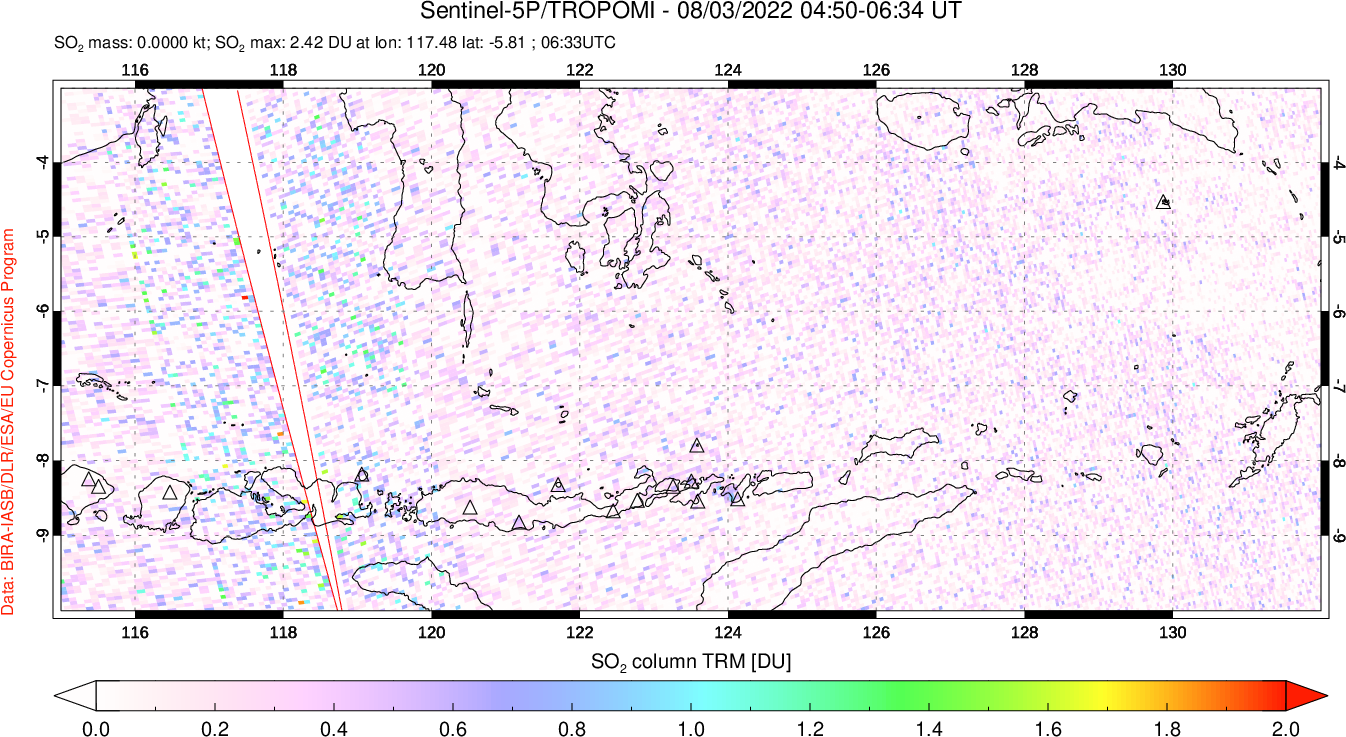 A sulfur dioxide image over Lesser Sunda Islands, Indonesia on Aug 03, 2022.