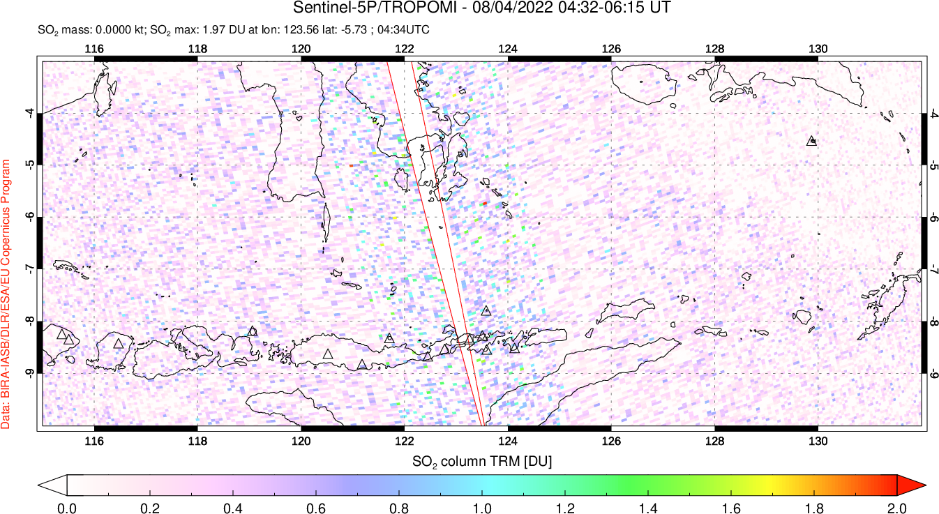 A sulfur dioxide image over Lesser Sunda Islands, Indonesia on Aug 04, 2022.