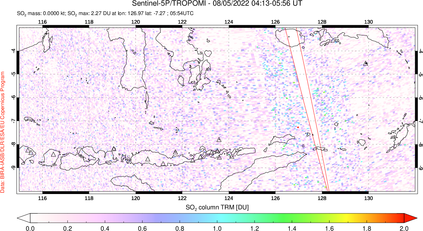 A sulfur dioxide image over Lesser Sunda Islands, Indonesia on Aug 05, 2022.