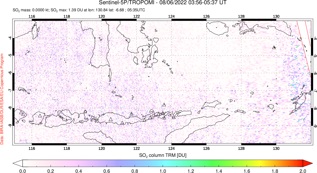 A sulfur dioxide image over Lesser Sunda Islands, Indonesia on Aug 06, 2022.