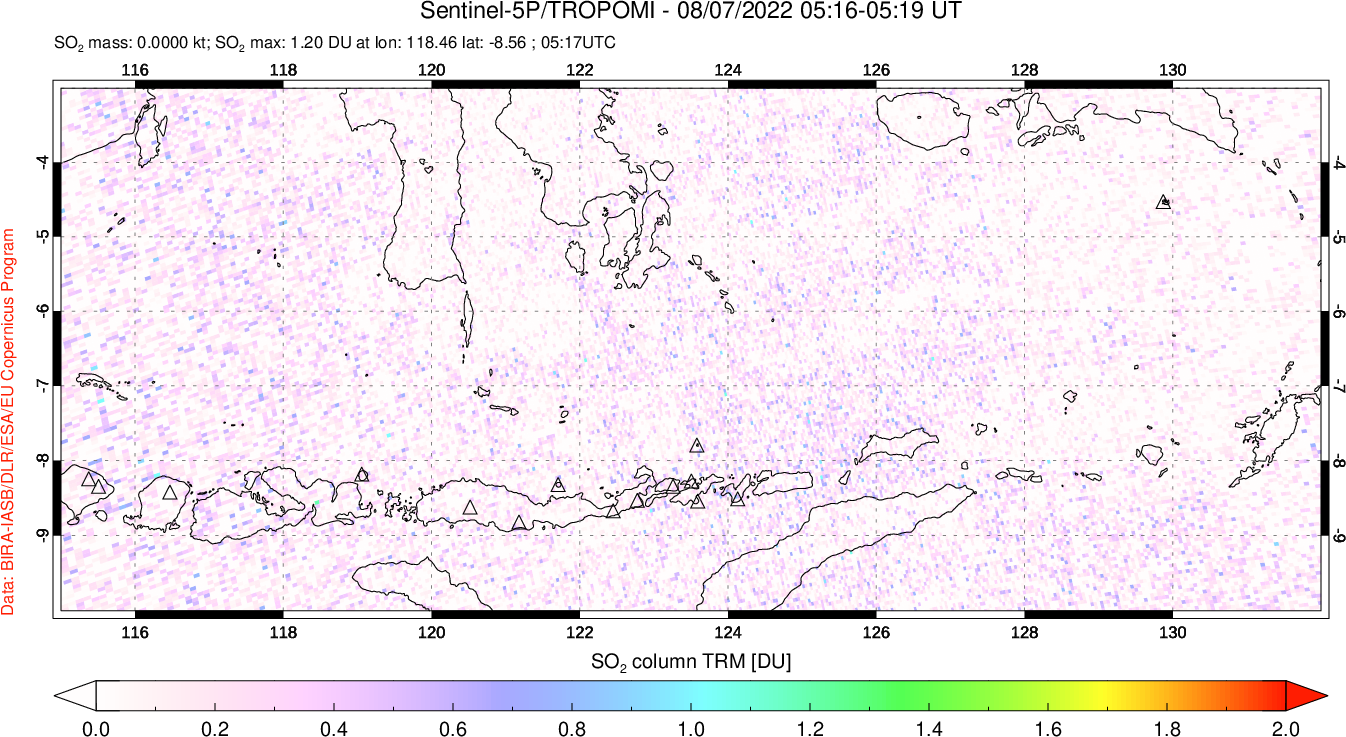 A sulfur dioxide image over Lesser Sunda Islands, Indonesia on Aug 07, 2022.