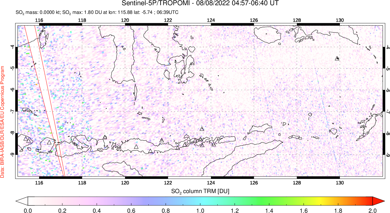 A sulfur dioxide image over Lesser Sunda Islands, Indonesia on Aug 08, 2022.