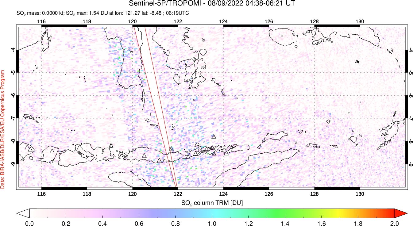 A sulfur dioxide image over Lesser Sunda Islands, Indonesia on Aug 09, 2022.