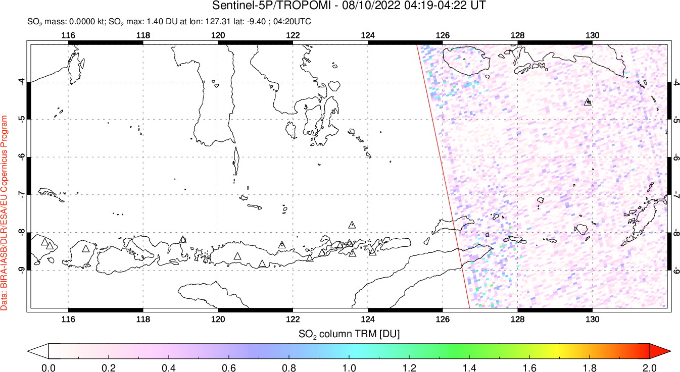A sulfur dioxide image over Lesser Sunda Islands, Indonesia on Aug 10, 2022.