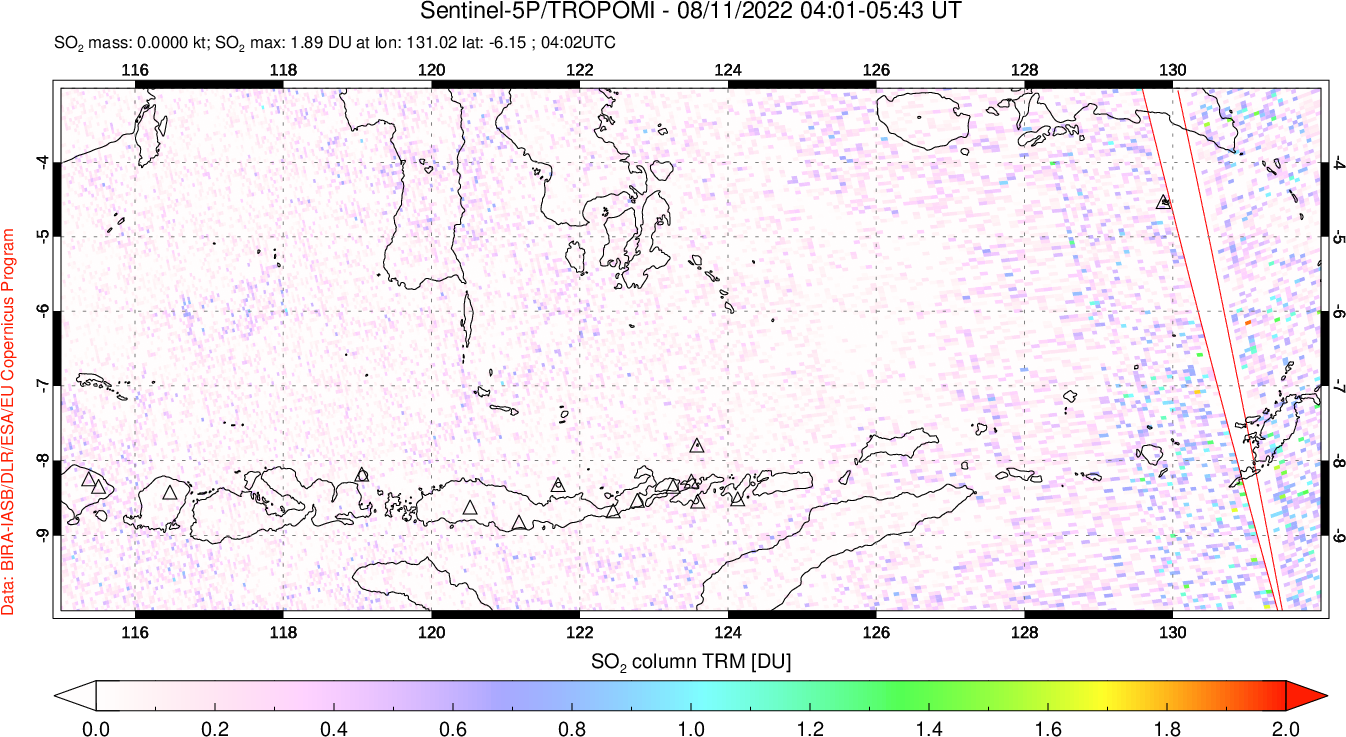 A sulfur dioxide image over Lesser Sunda Islands, Indonesia on Aug 11, 2022.