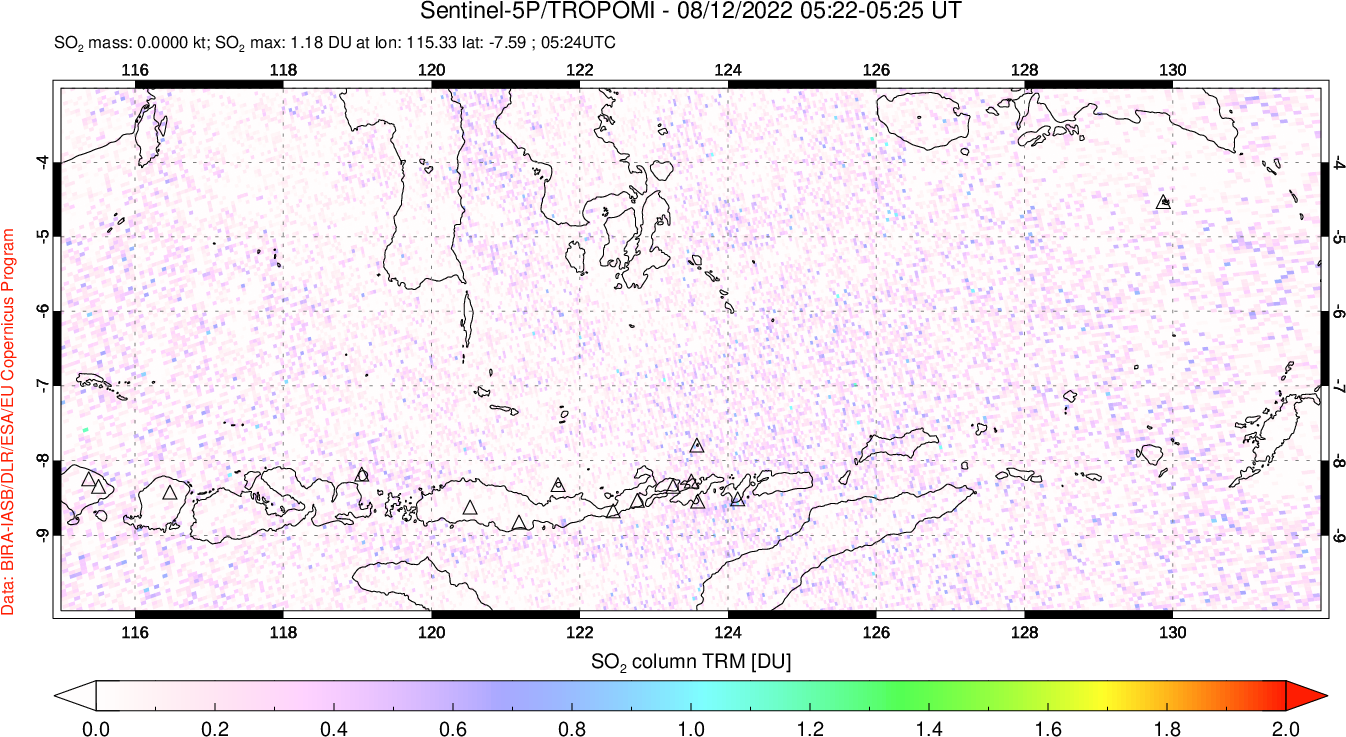 A sulfur dioxide image over Lesser Sunda Islands, Indonesia on Aug 12, 2022.