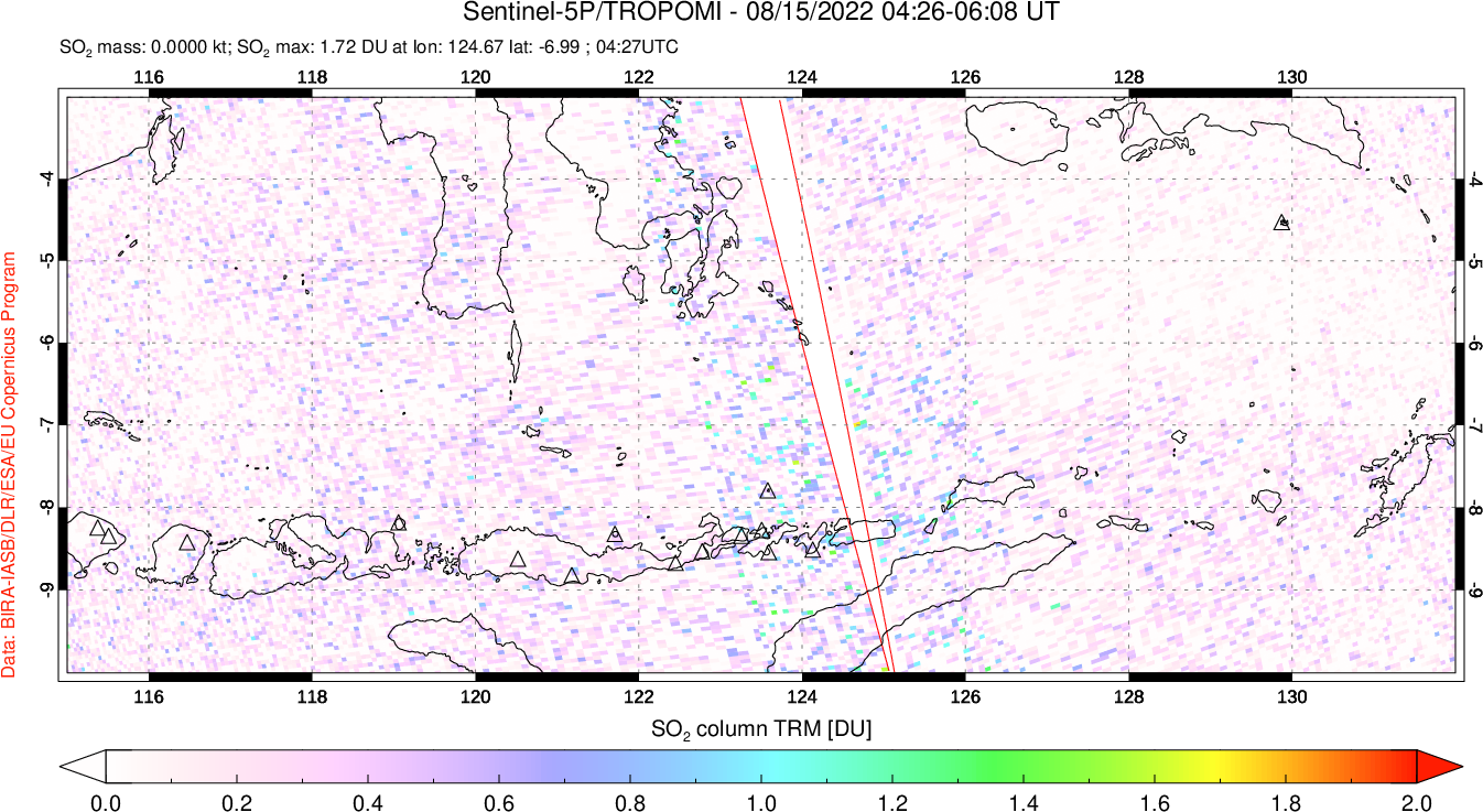 A sulfur dioxide image over Lesser Sunda Islands, Indonesia on Aug 15, 2022.