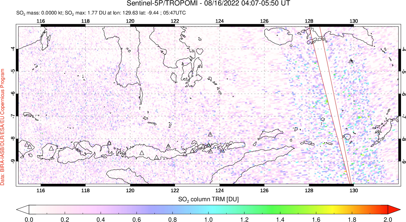 A sulfur dioxide image over Lesser Sunda Islands, Indonesia on Aug 16, 2022.