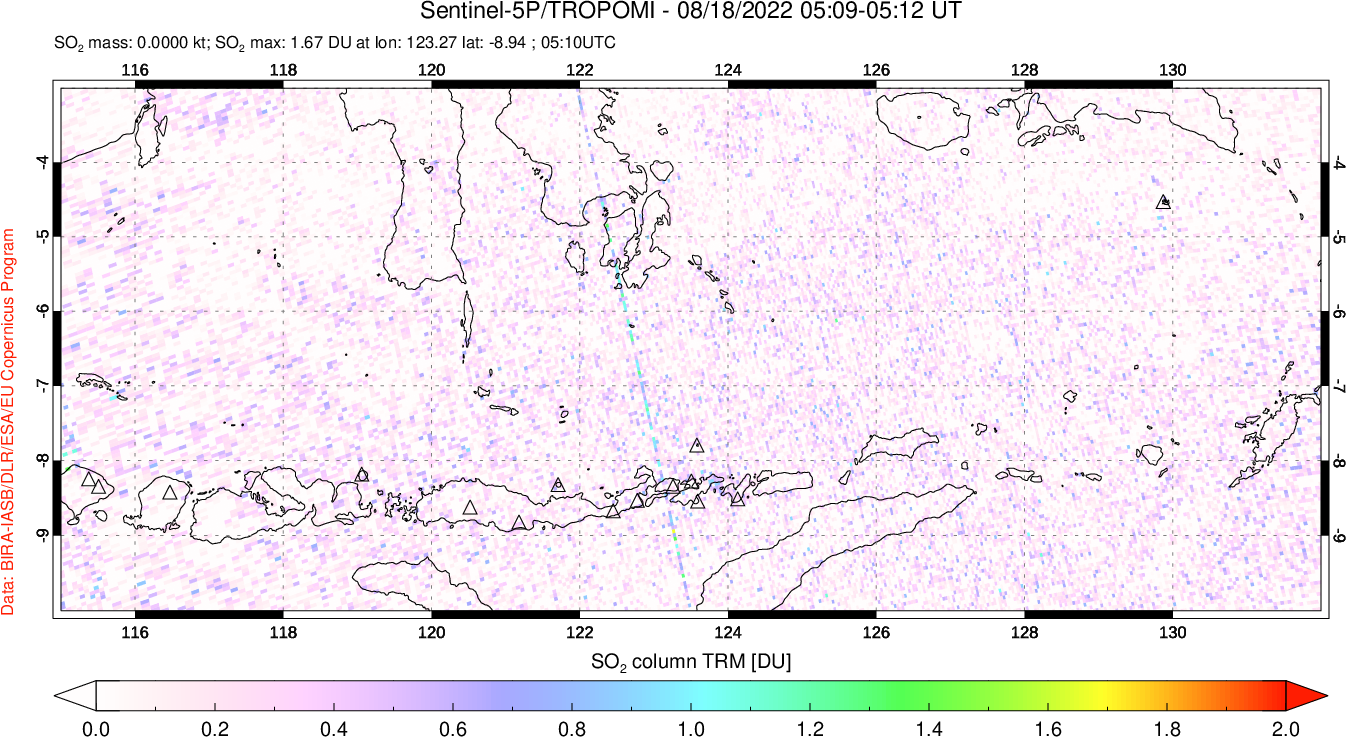 A sulfur dioxide image over Lesser Sunda Islands, Indonesia on Aug 18, 2022.