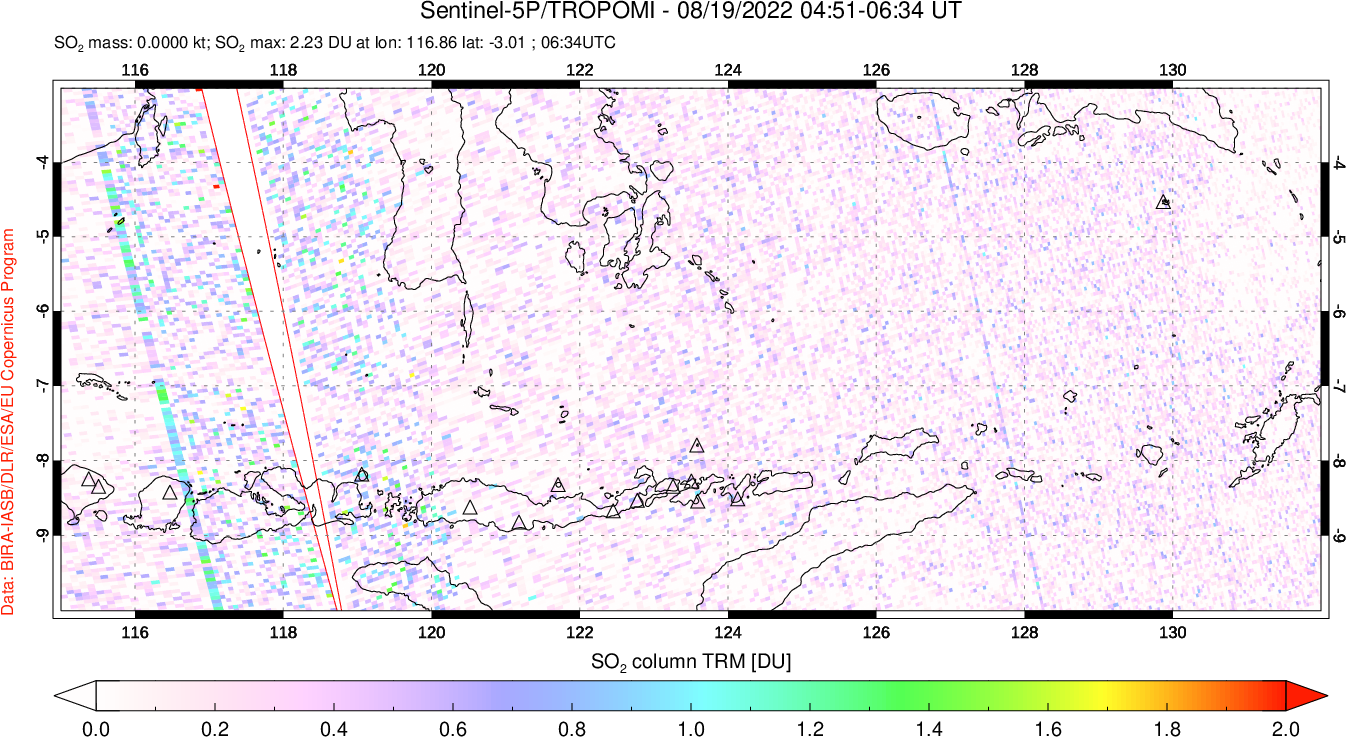 A sulfur dioxide image over Lesser Sunda Islands, Indonesia on Aug 19, 2022.